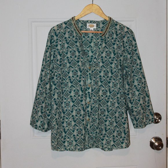 SALE: Vintage Talbots Beaded Collar Button-up 3/4 Sleeve, XL Turquoise/Lt. Blue - Picture 1 of 11